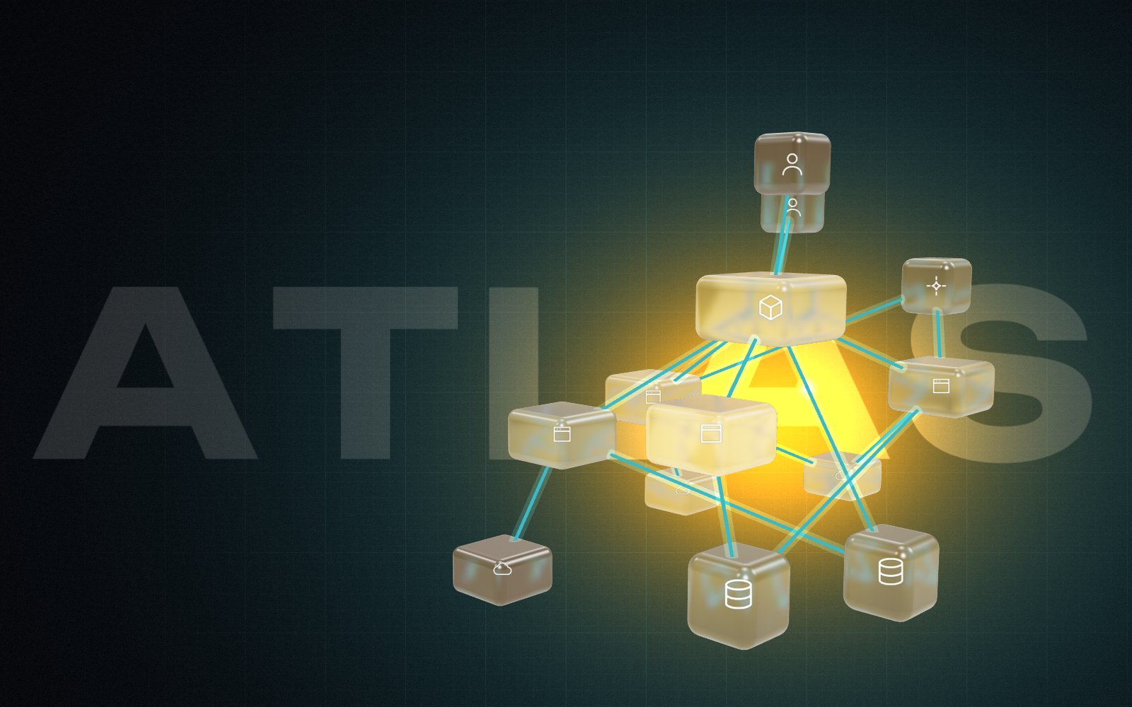 A frosted-glass architecture graph of an app, glowing amber as its phases are built